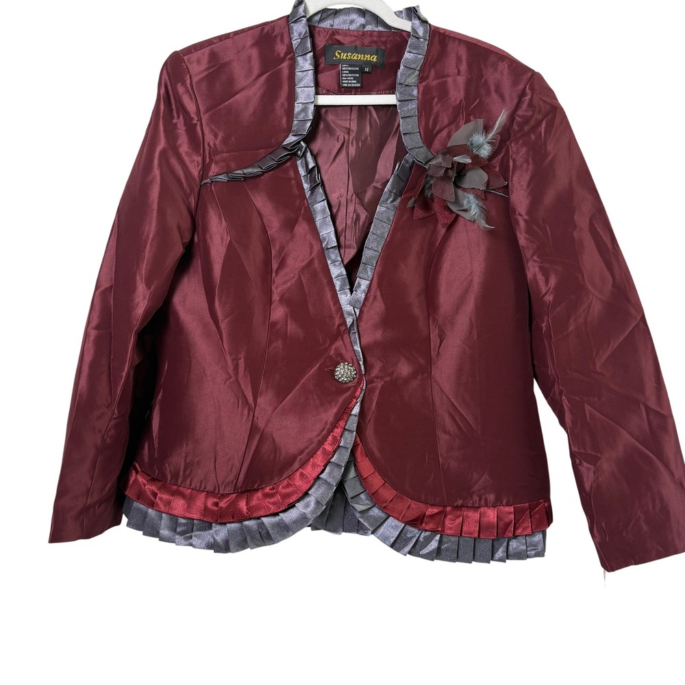Susanna Blazer Jacket Size 14 Burgundy Pleated Ruffle Trim Floral Brooch NWT